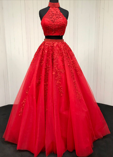 Two Piece Prom Dresses Red High Neck with Appliques Lace