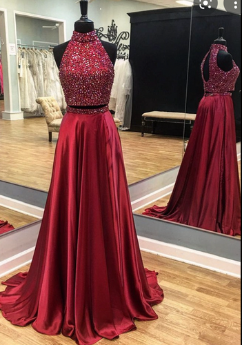 Two Piece Red Prom Dresses with Rhinestones High Neck