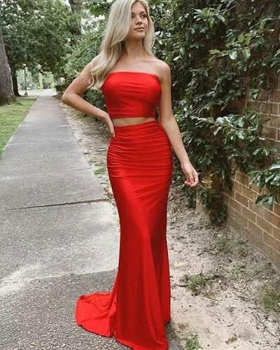 Two Piece Strapless Prom Dresses Sheath Floor Length