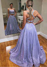 Laden Sie das Bild in den Galerie-Viewer, Two Piece Criss Cross Sparkly Prom Dresses Lavender