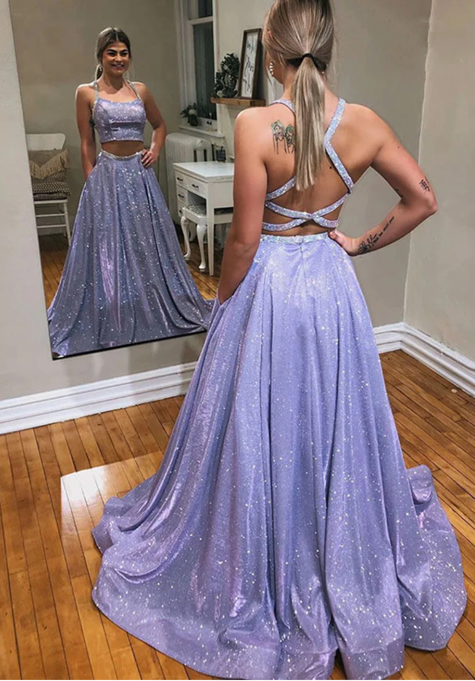 Two Piece Criss Cross Sparkly Prom Dresses Lavender