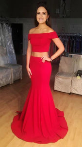Two Piece Red Prom Dresses Mermaid Bateau