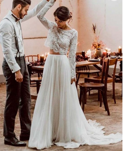 Two Piece Wedding Dresses Bridal Gown with Sleeves