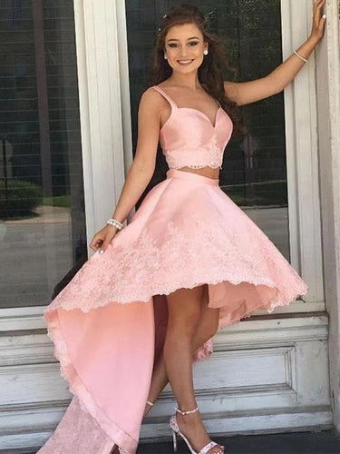 Pink Two Piece Prom Dresses Hi Low Lace