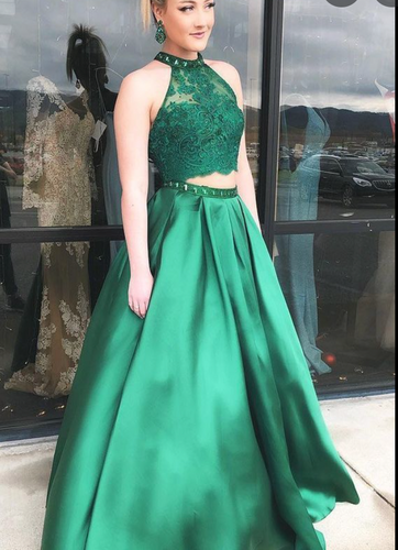 Two Piece Prom Dresses Top Lace Green