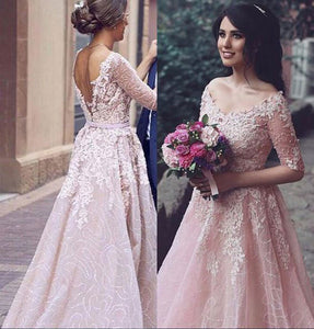 V Neck Half Sleeves Long Prom Dresses with Appliques