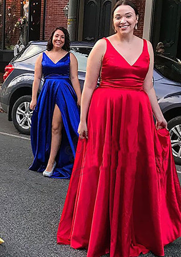 V Neck Royal Blue/Red Long Prom Dresses with Split Side