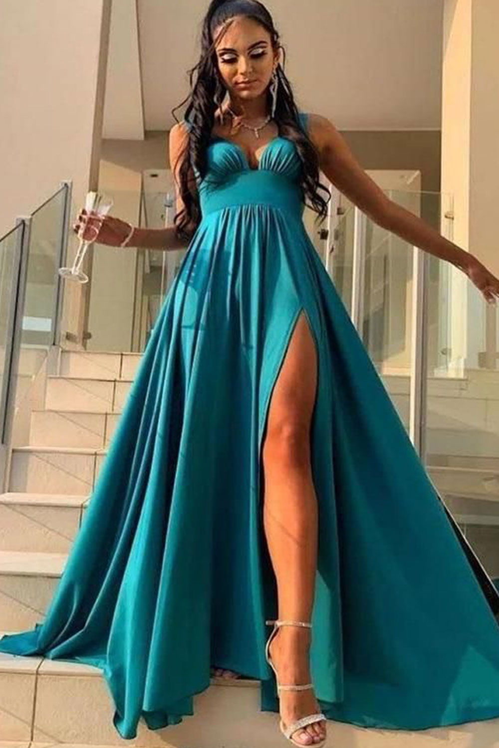 V Neck Slit Prom Dresses