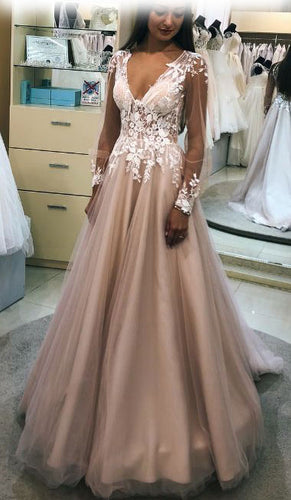 Charming Deep V Neck Long Sleeves Prom Dresses with Appliques