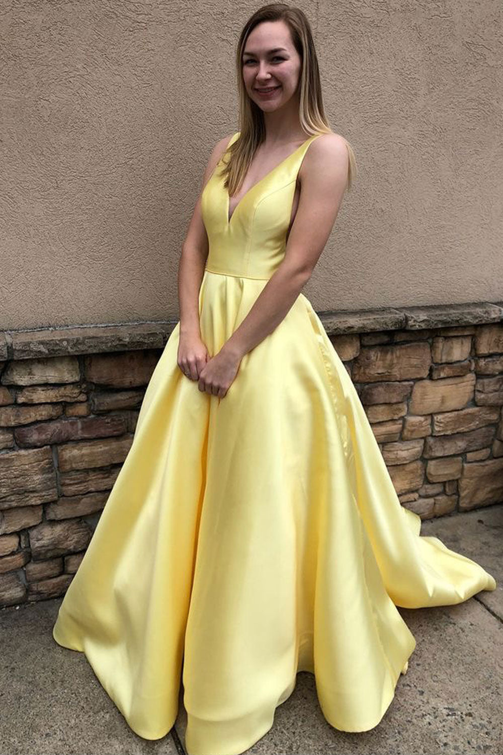 Yellow V Neck Prom Dresses