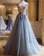 Load image into Gallery viewer, Sheer Neck Ice Blue Prom Dresses with Embroidery