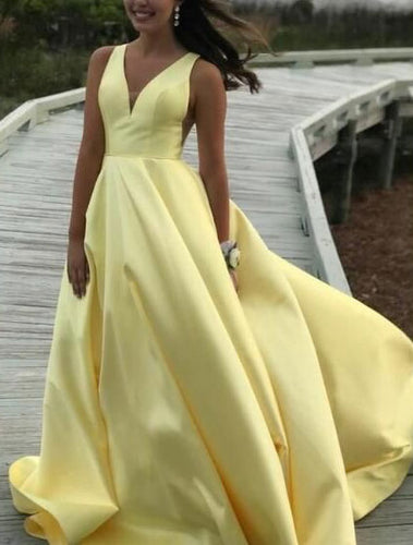 Yellow V Neck Long Prom Dresses Evening Gowns