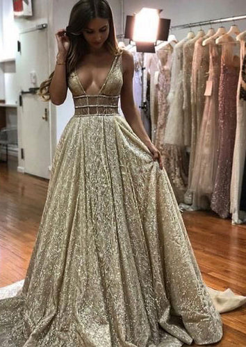 Elegant Deep V Neck Long Prom Dresses Evening Gowns
