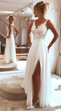 Carica l&#39;immagine nel visualizzatore di Gallery, V Neck Split Side Long Wedding Dresses Bridal Gowns with Appliques