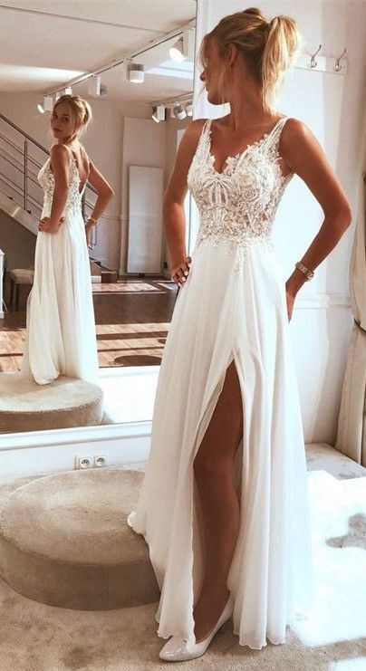 V Neck Split Side Long Wedding Dresses Bridal Gowns with Appliques