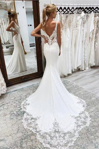 V Neck V Back Wedding Dresses Bridal Gown with Lace Mermaid