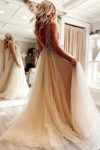 V Neck V Back Prom Dresses with Rhinestones