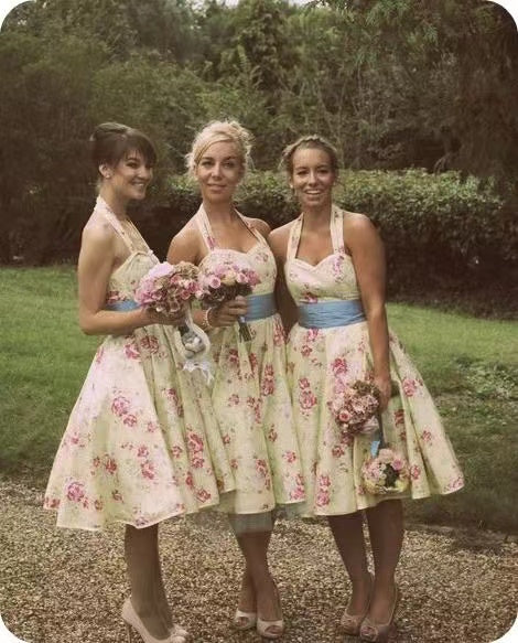 Vintage Bridesmaid Dresses Halter Floral 1950s