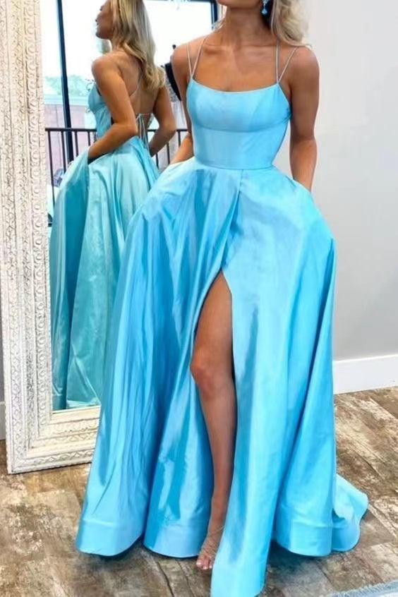 Blue Prom Dresses Double Straps with Slit