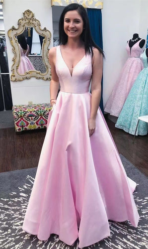 V Neck Pink Prom Dresses with Pockets