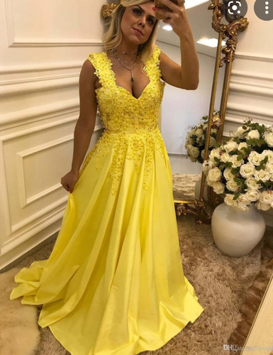 Straps Yellow Prom Dresses with Appliques Lace