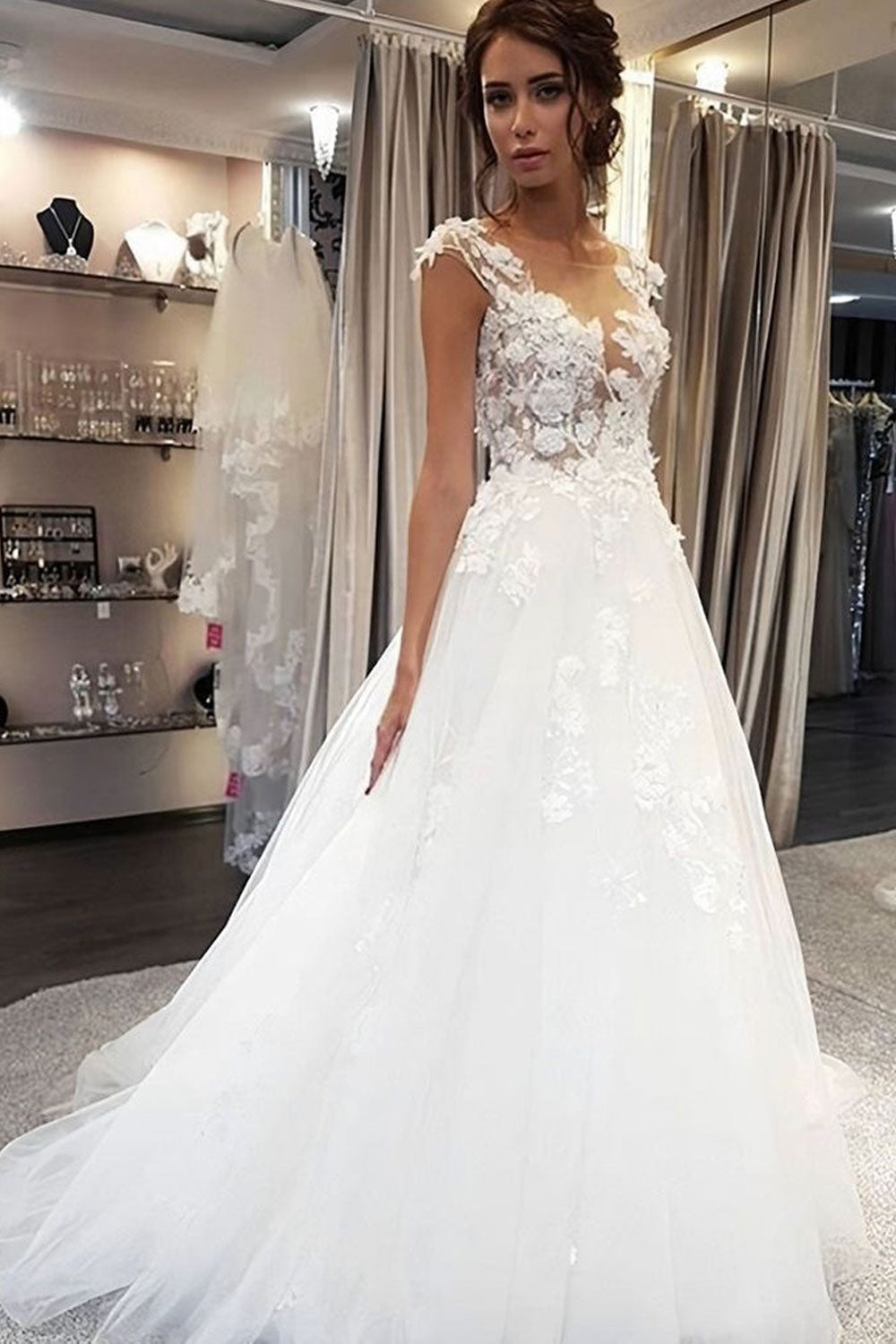 V Neck Wedding Dresses Bridal Gown with 3D Flowers