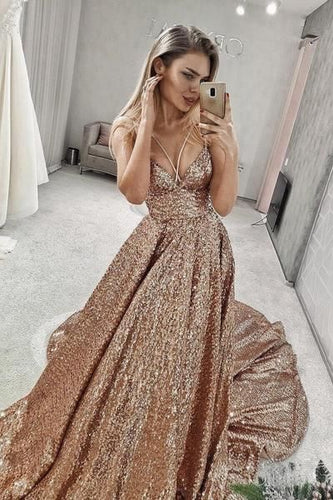 Sparkly V Neck Court Train Long Prom Dresses Evening Gowns