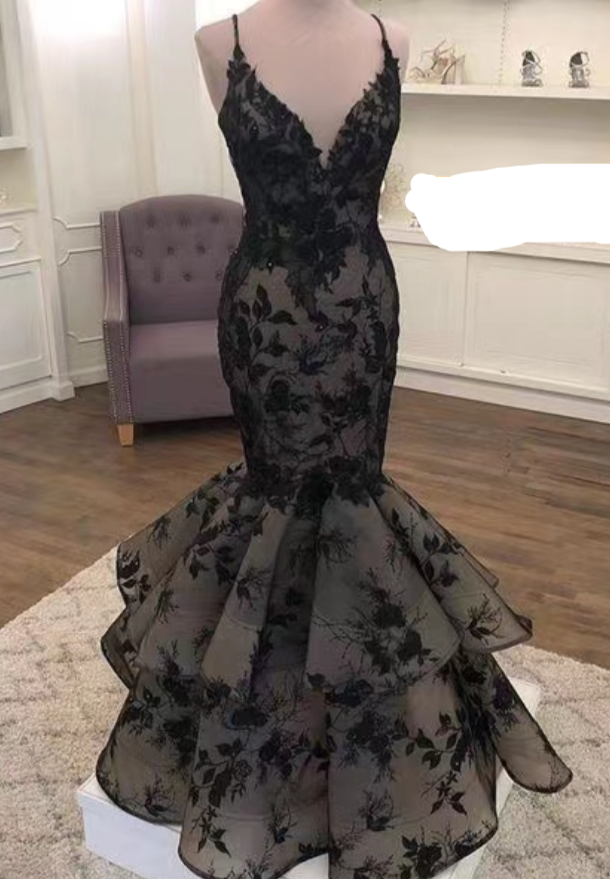 Spaghetti Straps Prom Dresses Black Lace