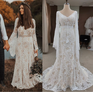 Boho Wedding Dresses Bridal Gown V Neck Lace with Sleeves