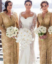 Load image into Gallery viewer, Gold Lace V Neck Bridesmaid Dresses Sleeves