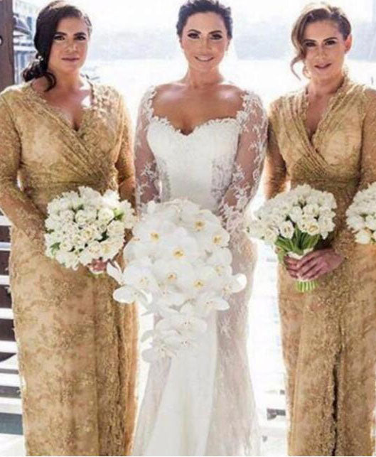 Gold Lace V Neck Bridesmaid Dresses Sleeves