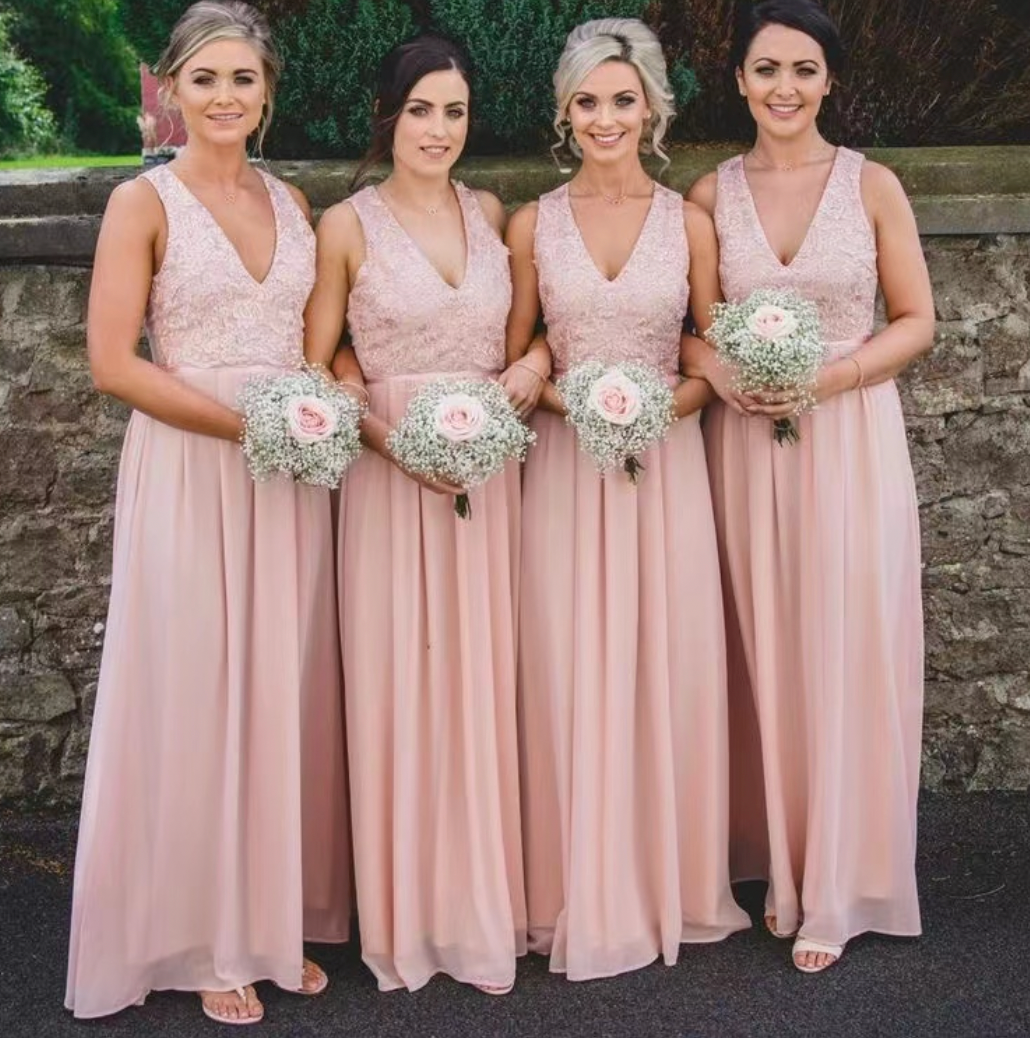 V Neck Peach Bridesmaid Dresses with Lace