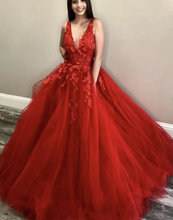 Charger l&#39;image dans la galerie, V Neck Red Prom Dresses Pageant Dresses
