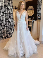 Load image into Gallery viewer, Deep V Neck Wedding Dresses Bridal Gown with Leaves Lace