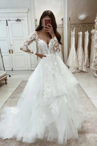 V Neck Wedding Dresses Bridal Gown with Lace Appliques