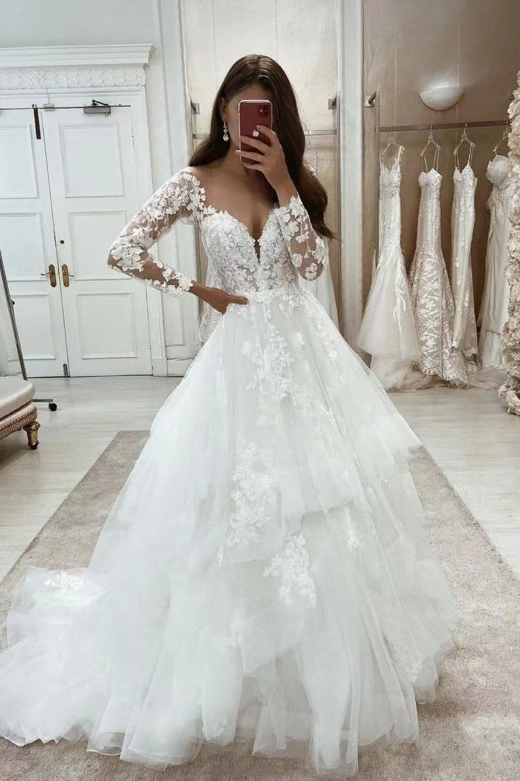 V Neck Wedding Dresses Bridal Gown with Lace Appliques