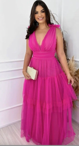 V Neck Fuchsia Prom Dresses Floor Length