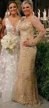 Load image into Gallery viewer, V Neck Mother of the Bride Dresses Gold with Full Sleeves