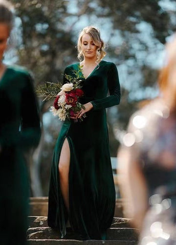 V Neck Dark Green Bridesmaid Dresses Slit Side with Sleeves Velvet