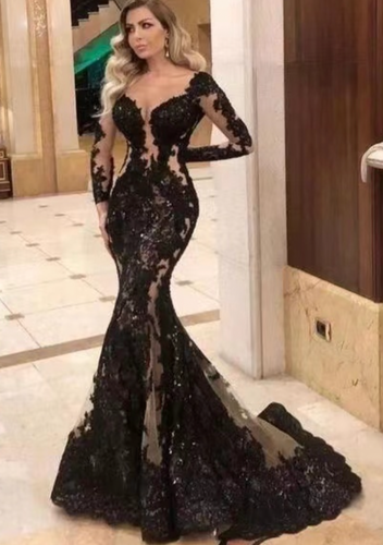 V Neck Black Prom Dresses with Appliques Lace