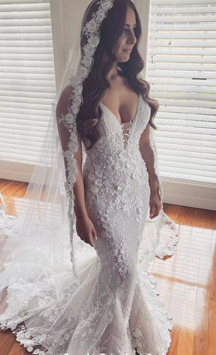 V Neck Wedding Dresses Bridal Gown with 3D Flowers