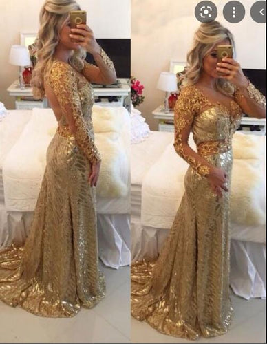 V Neck Backless Prom Dresses with Full Sleeves