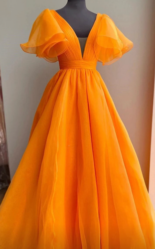 V Neck Orange Prom Dresses Floor Length Organza