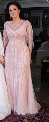 V Neck Pink Mother of the Bride Dresses with Sleeves