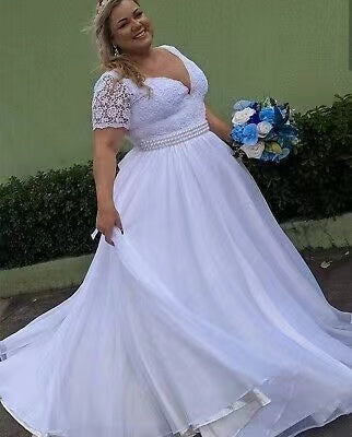 Plus Size Wedding Dresses Bridal Gown Waist with Pearls