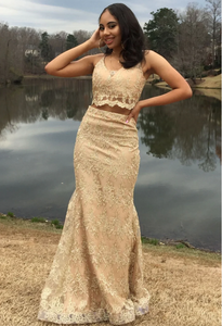 Two Piece Champagne Gold Prom Dresses