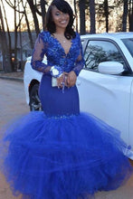 Charger l&#39;image dans la galerie, V Neck Royal Blue Prom Dresses Mermaid with Beaded