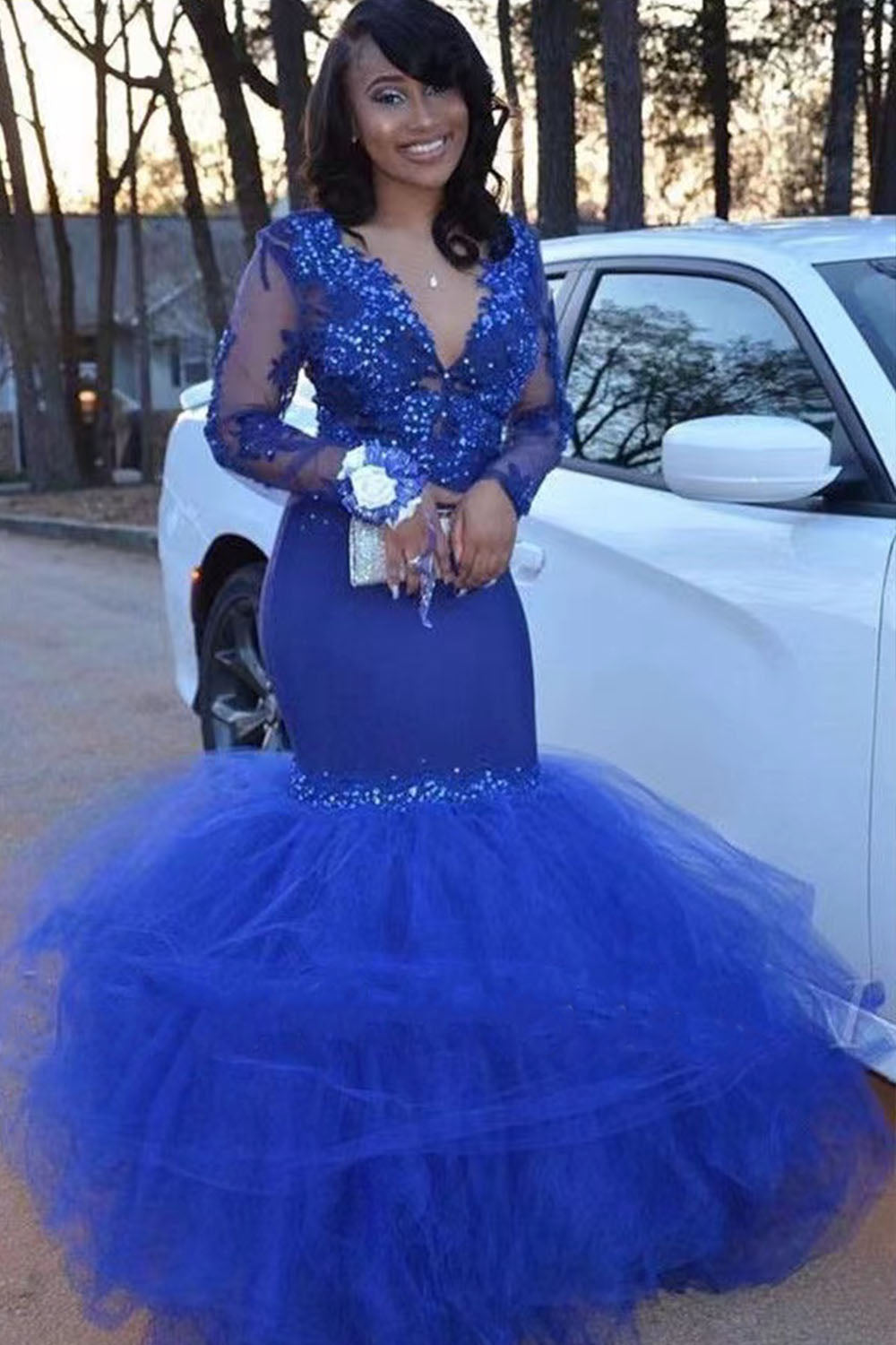 V Neck Royal Blue Prom Dresses Mermaid with Beaded