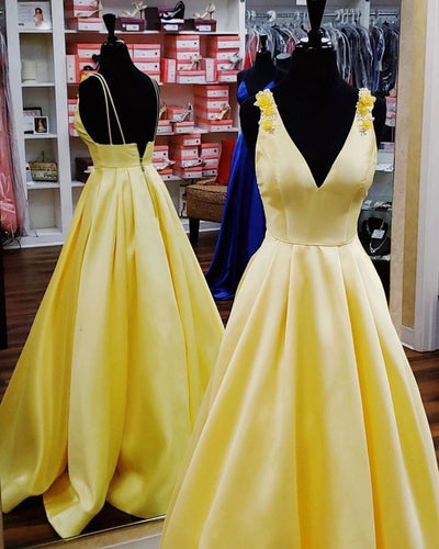 V Neck Prom Dresses Yellow Long