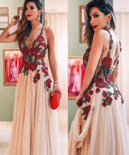 V Neck Prom Dresses with Appliques flowers